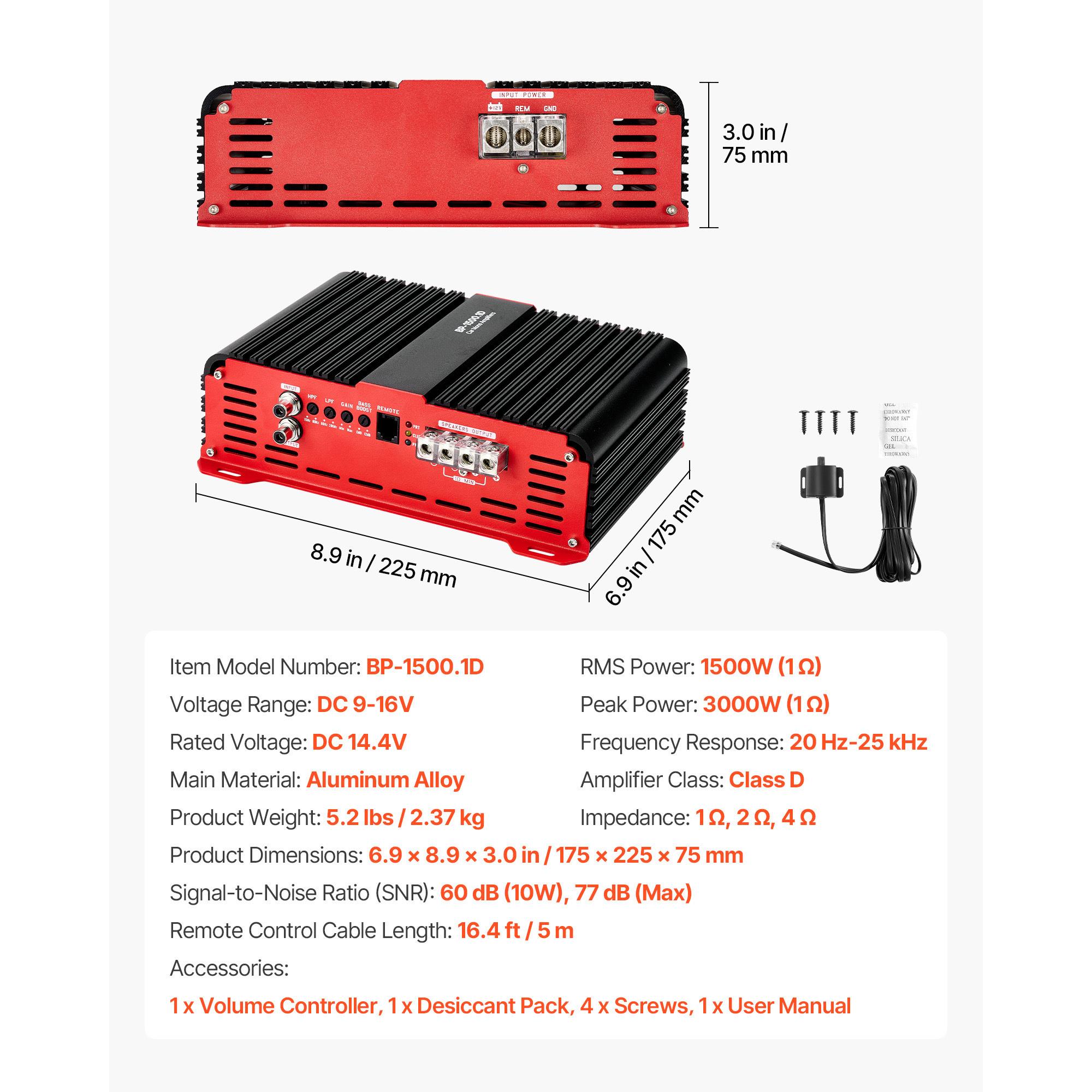 Car Amplifier Class D 1 Ohm Stable - Monoblock Car Amplifier, 1500W RMS MAX,